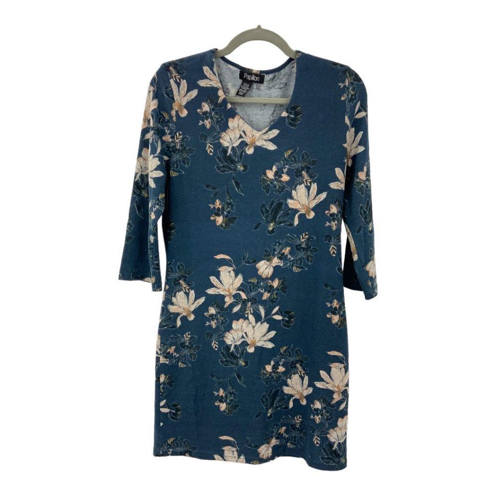 Papillon Blue Floral 3/4 Sleeve V Neck Dress Size Small - Picture 5 of 6